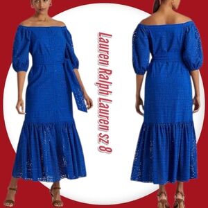 Lauren Ralph Lauren Royal Blue Eyelet Cotton Midi Dress